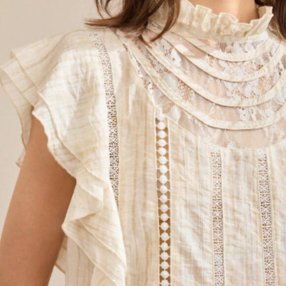 New 2026 Beige White Ruffle Lace Blouse - Picture 4 of 4